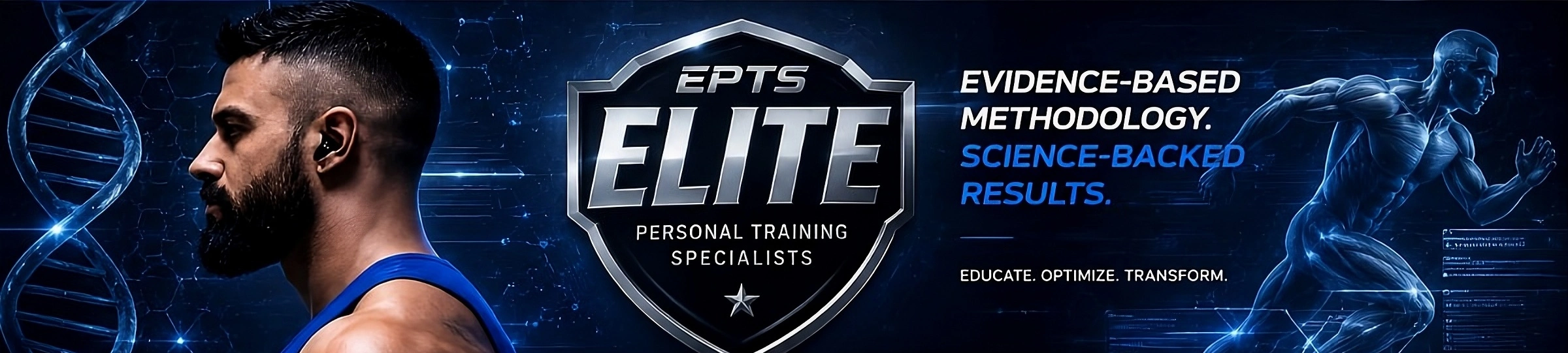 ElitePTS cinematic science hero with athlete, DNA, EPTS Elite shield and anatomical runner